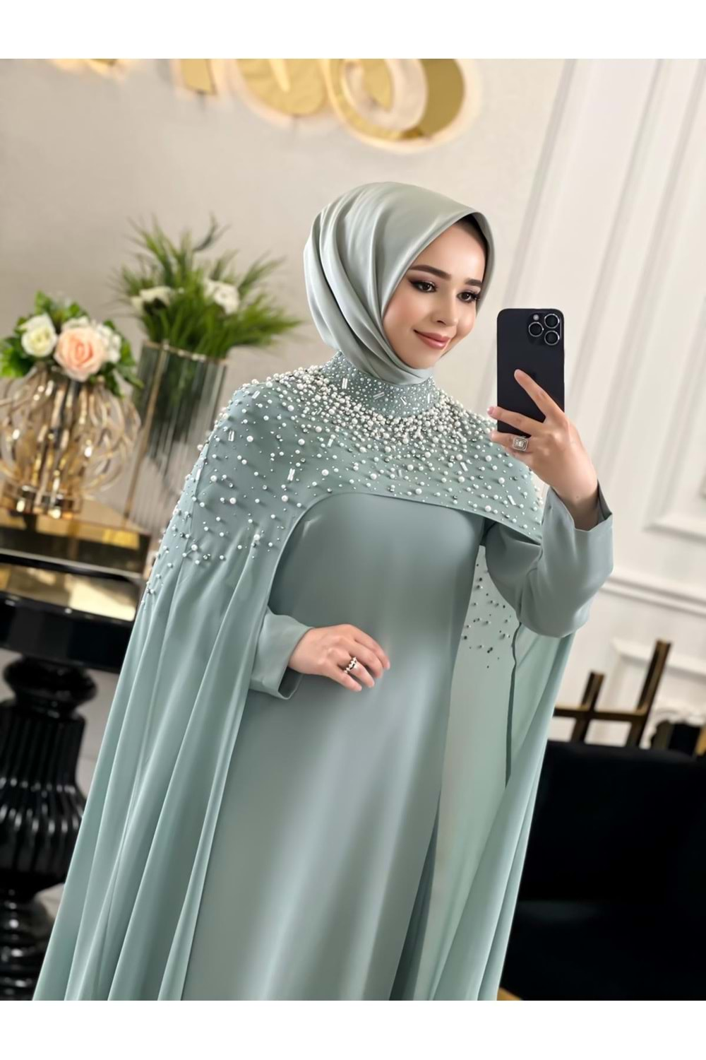 BEESA MİNT YEŞİLİ İNCİ ABAYA TAKIM